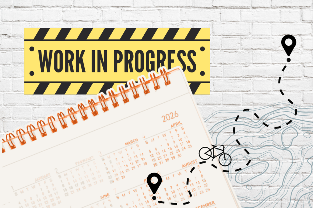 Collage graphic featuring a progress bar, training calendar, bike path, and brick background, representing a structured gravel cycling base training block for Unbound 200.